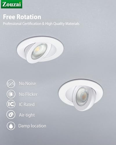 zouzai 2 Inch Gimbal LED Recessed Lights, White, 1 Pack, with Junction Box, 360°+ 90° Adjustable, 5CCT 2700K-5000K, Dimmable, Canless Eyeball Downlight, CRI90+, 550LM 5W 120V, ETL - color: White-2 inch, size: 1 Pack