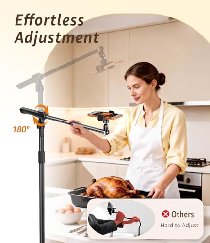 Overhead Phone Stand for Video Recording, Floor Stand Heavy Duty 360° Adjustable Boom Arm Phone Mount with Weighted Base for Cooking, Craft, Drawing, Live Streaming, Compatible with iPhone & Android