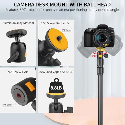 Camera Desk Mount Table Stand with Ball Head, Adjustable Light Stand with 1/4" Screw & C Clamp for DSLR Camera, Ring Light, Live Streaming, Photo Video Shooting - size: TL253H9