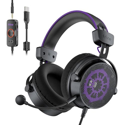 FIFINE Open Back Gaming Headset with 7.1 Surround Sound - Expansive Open Audio - USB/3.5mm Dual Wired Connection - Detachable Mic for PC, PS5, PS4, Laptop, Mac, Xbox, Mobile - Ampligame H18V Lite BP - color: Black and purple