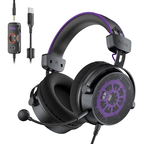 FIFINE Open Back Gaming Headset with 7.1 Surround Sound - Expansive Open Audio - USB/3.5mm Dual Wired Connection - Detachable Mic for PC, PS5, PS4, Laptop, Mac, Xbox, Mobile - Ampligame H18V Lite BP - color: Black and purple