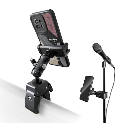 Clip Phone Holder for Desk,Pole,Pipe,Boom,Flat Surface with Adjustable Aluminium Arm Phone Clamp Mount for Mic Stand,Treadmill Compatible with All 4-7” Cell Phone (Short-Aluminium Arm Phone Holder) - style: 3.94" Aluminum Arm Phone Holder