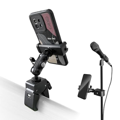 Clip Phone Holder for Desk,Pole,Pipe,Boom,Flat Surface with Adjustable Aluminium Arm Phone Clamp Mount for Mic Stand,Treadmill Compatible with All 4-7” Cell Phone (Short-Aluminium Arm Phone Holder) - style: 3.94" Aluminum Arm Phone Holder