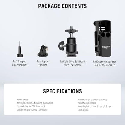 NEEWER Basics Pocket 3 Extension Adapter Mount Kit Compatible with DJI Osmo Pocket 3, Expansion Cage Frame, Dual Cam Setup with Cold Shoe for DSRL Digital Camera Vlogging, GP-68