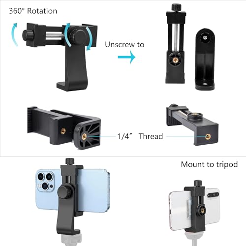 Ruittos Phone Tripod Mount Adapter with Camera Remote Controller, Cell Phone Holder Clip with Adjustable Clamp Compatible with iPhone, Samsung, HTC, Huawei etc., Include Wrist Strap