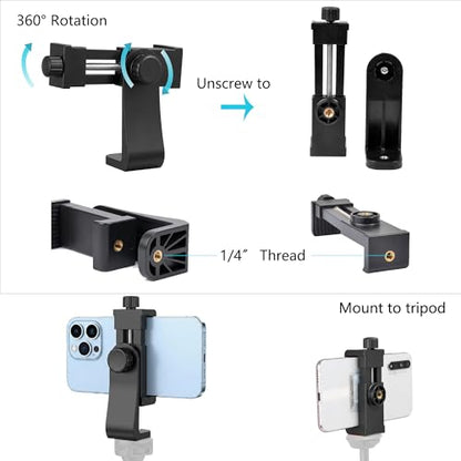Ruittos Phone Tripod Mount Adapter with Camera Remote Controller, Cell Phone Holder Clip with Adjustable Clamp Compatible with iPhone, Samsung, HTC, Huawei etc., Include Wrist Strap