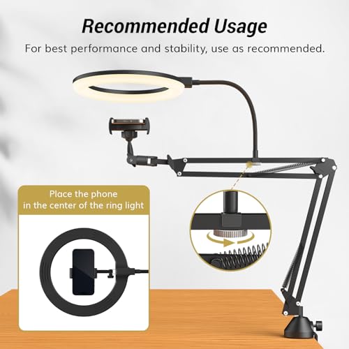 TONOR Overhead Ring Light Kit, 10" Ringlight with Heayy Duty Boom Arm and Phone Holder, Adjustable Angle, Suitable for Video Recording, Live Stream, Drawing, Makeup Nail