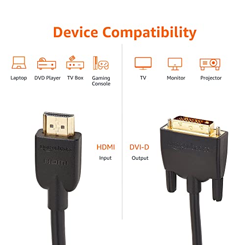 Amazon Basics HDMI to DVI Adapter Cable, Bi-Directional 1080P, Gold-Plated, 6 ft/1.8 m, Easy to Install, Black - size: 6 ft, style: 1-Pack