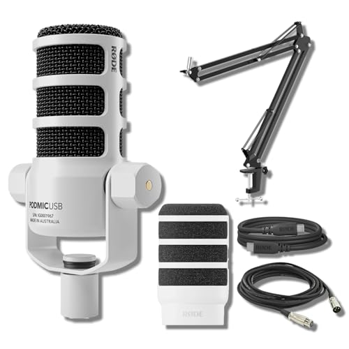 Rode PodMic USB White Dynamic Broadcast Microphone with Rode SC27 Black USB-C to USB-C Cable and StreamEye Adjustable Boom Arm