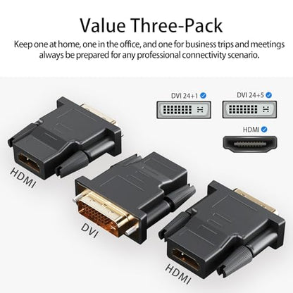 DVI to HDMI Adapter, 3-Pack Bi-Directional DVI(24+1) Male to HDMI Female with Gold-Plated Cord，Support 1080P for Computer, Monitor, Projector, TV, PS3/4/5 Nintendo Switch