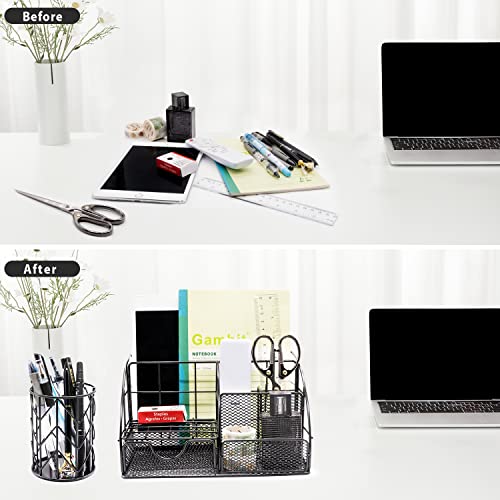 KAAKOW Black Desk Organizers and Accessories Office Supplies Set Stapler, Pen Holder, Phone Holder, Scissors, Pen, Ruler, 30 Paper Clips, 22 Binder Clip, 20 Tacks and 1000pcs Staples - color: Black