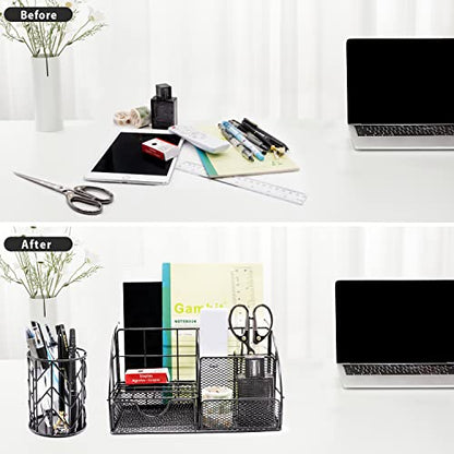 KAAKOW Black Desk Organizers and Accessories Office Supplies Set Stapler, Pen Holder, Phone Holder, Scissors, Pen, Ruler, 30 Paper Clips, 22 Binder Clip, 20 Tacks and 1000pcs Staples - color: Black
