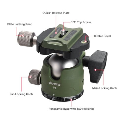 Avella V1 DSLR Camera Tripod Ball Head 38MM, 360 Degree Swivel,U-Shaped Groove Design, for Canon Nikon Sony Olympus Panasonic DSLR Camera-Green