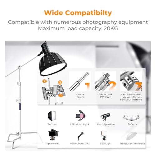 K&F CONCEPT Heavy Duty C Stand 10.8ft/330cm with Holding Arm Sandbag, 2*Grip Head Stainless Steel Photography Light Stand C-Stand Sturdy for Studio Monolight, Softbox, Reflector
