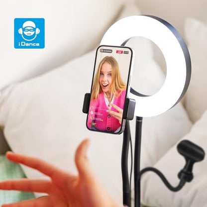iDANCE 6-in-1 USB Desktop Media Stand, LED Ring Light Tripod with Phone Mount, Mic Stand & Remote, Adjustable 360° Arms, Desk Ring Light for Streaming, Recording & Content Creation