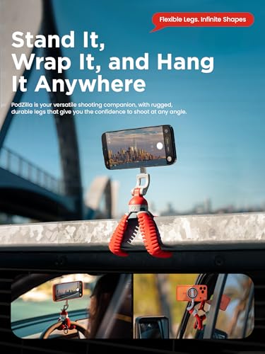 JOBY PodZilla™ SuctionTripod Magnetic Kit,Flexible Magnetic Tripod with Suction Legs, 360° Rotation & Dual-Angle Adjustment, Wrap-Anywhere Mount for iPhone Vlogging, Gym, Car, Outdoor & Travel(red) - color: Red