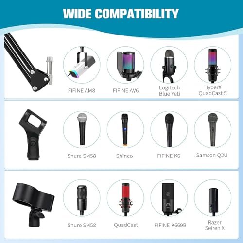 BILIONE Microphone Stand with Weighted Base, Mic Floor Stand Boom Arm with Mic Accessory Tray, Microphone Clip Holder, 3/8" to 5/8" Screw Adapter, Cable Ties