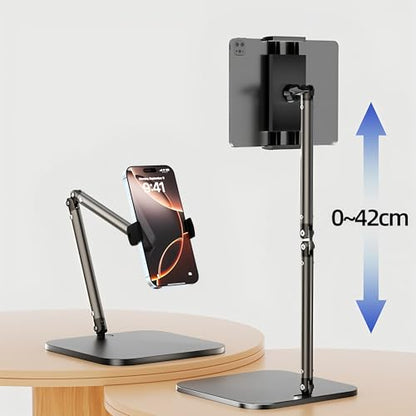 Adjustable Overhead Articulating Arm Phone Stand for Desk, Black Metal | Adjustable Height and Angle, Desktop Video Recording Tripod, Live Streaming, Photography Holder