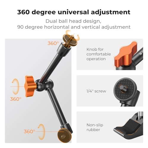 K&F CONCEPT 9.8" Magic Arm Clamp Kit with 1/4" & 3/8" Thread Screw 360° Ball Heads Articulating Magic Arm with Tripod Mount Adapter for Gopro/LED Lights/Monitor/Flash/Microphone/DSLR Camera - style: 9.8" with Adapter