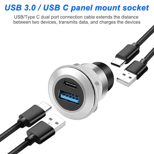 XMSJSIY USB 3.0 Type-C Panel Threaded Fixed Mount Coupler Adapter USB A/Type C 20V 3A 60W Female to Female with Anti-loosening Gasket Chassis Panel Mount Socket Connector Data Transfer (Round) - style: Round