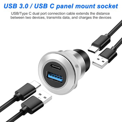XMSJSIY USB 3.0 Type-C Panel Threaded Fixed Mount Coupler Adapter USB A/Type C 20V 3A 60W Female to Female with Anti-loosening Gasket Chassis Panel Mount Socket Connector Data Transfer (Round) - style: Round