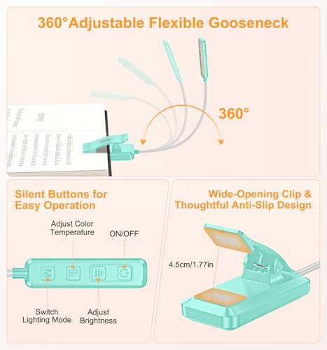 Gritin 2026 Gen 2 Book Light for Reading- 30 Eye Caring Full Spectrum LED | 5 Colors & 5 Brightness, Adjustable Wide/Narrow Beam, Upgrade 1500mAh Long-Lasting Rechargeable Clip on Light-Blue - color: Blue