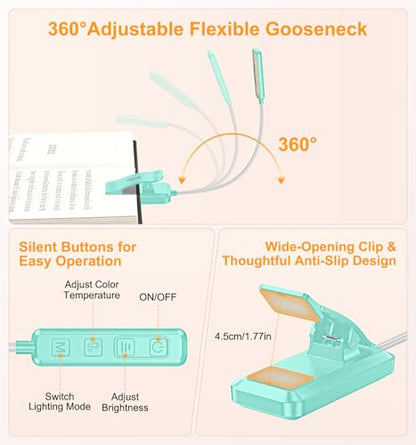 Gritin 2026 Gen 2 Book Light for Reading- 30 Eye Caring Full Spectrum LED | 5 Colors & 5 Brightness, Adjustable Wide/Narrow Beam, Upgrade 1500mAh Long-Lasting Rechargeable Clip on Light-Blue - color: Blue