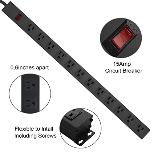 HHSOET Aluminum Wall Mount Power Strip - 12 AC Outlets, 15 FT Cord, 15A 125V Switch - size: 15 ft, style: 12 Outlets