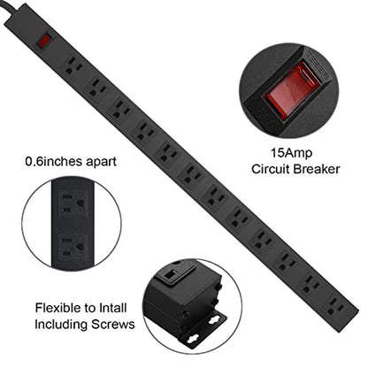 HHSOET Aluminum Wall Mount Power Strip - 12 AC Outlets, 15 FT Cord, 15A 125V Switch - size: 15 ft, style: 12 Outlets