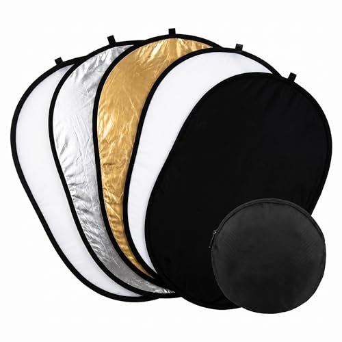 24" x36”(60x90cm) 5-in-1 Oval Foldable Reflector with Carrying Bag, Portable for Studio/Macro Photography - Translucent, Silver, Gold, White and Black