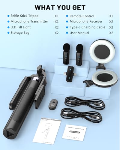 Vlogging Kit for iPhone/Android, 71" Selfie Stick Tripod for iPhone with Fill Light, Wireless Mic & Remote, Adjustable Aluminum Phone Tripod for TikTok/YouTube Content Creator Essentials Starter Kit‌ - size: Tripod with Large Ring Light & Mic