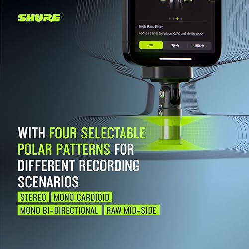 Shure MV88 USB-C Microphone for Mobile Recording, Portable Mic for Vlogging with Auto Level Mode, Real-Time Denoiser for Smart Noise Cancelling & 4 Polar Patterns, Black