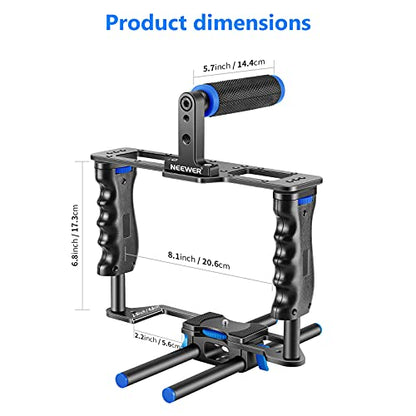 NEEWER Camera Video Cage Film Movie Making Kit, Aluminum Alloy with Top Handle, Dual Hand Grip, Two 15mm Rods, Compatible with Canon Sony Fujifilm Nikon DSLR Camera and Camcorder (Black + Blue) - style: CG-MF Blue