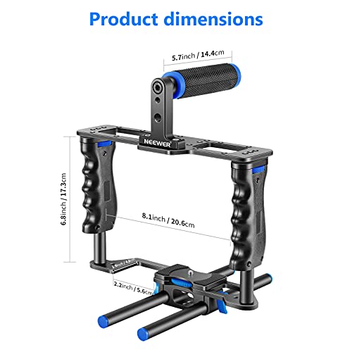 NEEWER Camera Video Cage Film Movie Making Kit, Aluminum Alloy with Top Handle, Dual Hand Grip, Two 15mm Rods, Compatible with Canon Sony Fujifilm Nikon DSLR Camera and Camcorder (Black + Blue) - style: CG-MF Blue