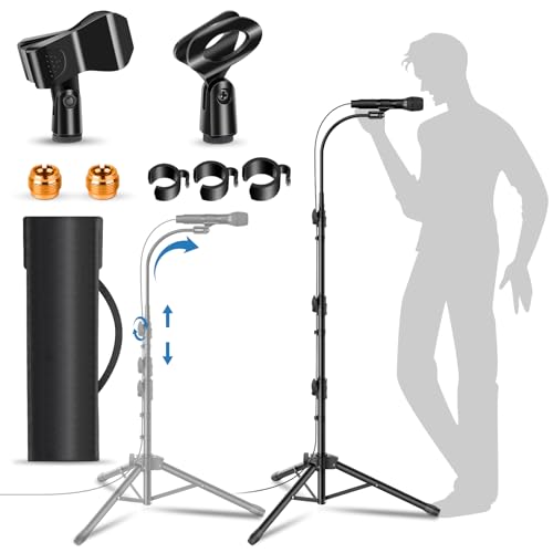 Mic Stand Detachable Gooseneck Microphone Stand Floor Height Adjustable from 24” to 67” for Kids with 2 Mic Clips for Singing Lecture Stage Wedding - size: 1 Pack