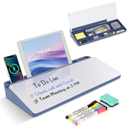 Glass Desktop Whiteboard with Storage, Desk White Board with Computer Keyboard Stand,White Dry Erase Board with Drawers for Home,School,Office - Blue - color: Organizer-blue
