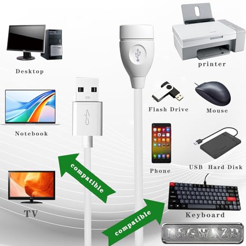 5-Pack White USB Extension Cord Bulk, Male to Female, 3.3 FT USB-A 2.0 Extender Cable