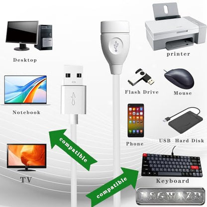 5-Pack White USB Extension Cord Bulk, Male to Female, 3.3 FT USB-A 2.0 Extender Cable