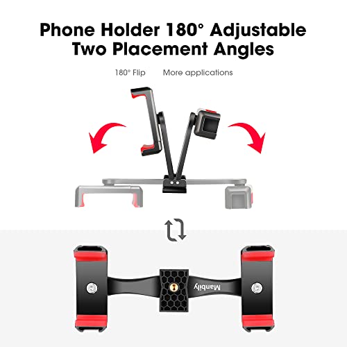 Manbily Phone Tripod Mount Adapter, 360° Rotatable Dual Cell Phone Holder Clip, Adjustable Clamp with 4 Cold Shoe, for Tripod Monopod Selfie Stick Vlog Live Streaming Video Recording