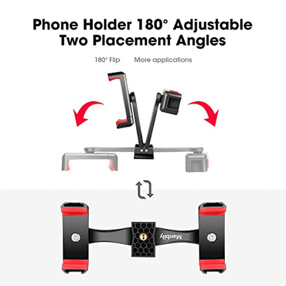 Manbily Phone Tripod Mount Adapter, 360° Rotatable Dual Cell Phone Holder Clip, Adjustable Clamp with 4 Cold Shoe, for Tripod Monopod Selfie Stick Vlog Live Streaming Video Recording