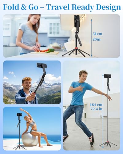 PlusAcc Auto Face Tracking Tripod for iPhone - Extendable Selfie Stick Mount for MagSafe, 360°Rotation Travel Stand with Rechargeable Remote, Compatible with iPhone, Camera, Video Recording - size: 72" Face Tracking