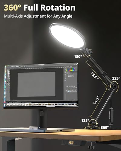 UBeesize 10" Desk Ring Light with Stand, Multi-Angle Adjustable Arm with C-Clamp for Home Office, Streaming Light with Inline Control for Video Conference, Podcast, Gaming, Recording, Live Streams