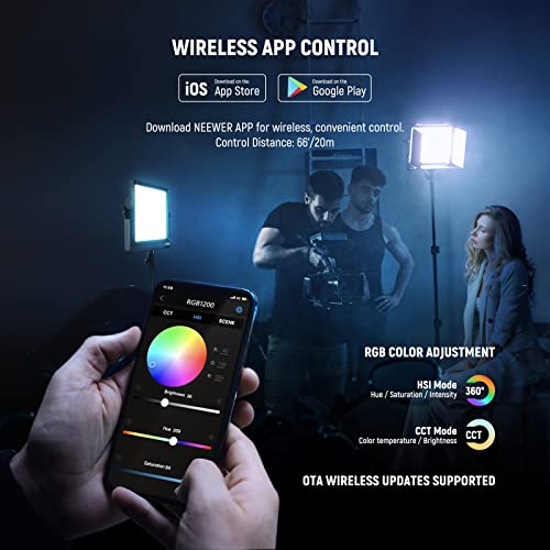 NEEWER RGB1200 RGB LED Video Light Panel with APP/2.4G Control, 60W Studio Photography Lighting 22000Lux@0.5m/1% Precise Min Dimming/360° Full Color/ CRI97+/TLCI98+/2500K-8500K/18 Effect with Barndoor