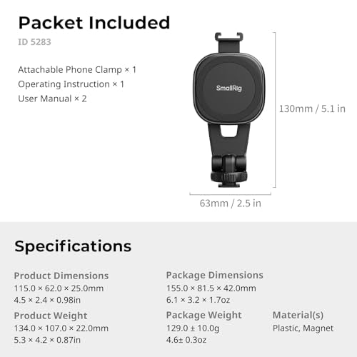 SMALLRIG AC-10 Magnetic Attachable Phone Clamp, Phone Mount with Cold Shoe Mount and 1/4"-20 Threaded Hole, for iPhone 17/16 / 15/14 / 13/12 Series, 90° Tilt for Recording, Live Streaming-5283