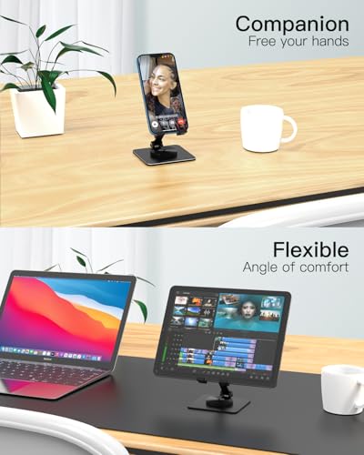 Adjustable Phone & Tablet Stand, Fits 4–9.7in Devices, Black | 360° Viewing Flexibility • Reinforced Aluminum Build • Dual-Hinge Adjustment • Travel-Ready Storage - color: Black