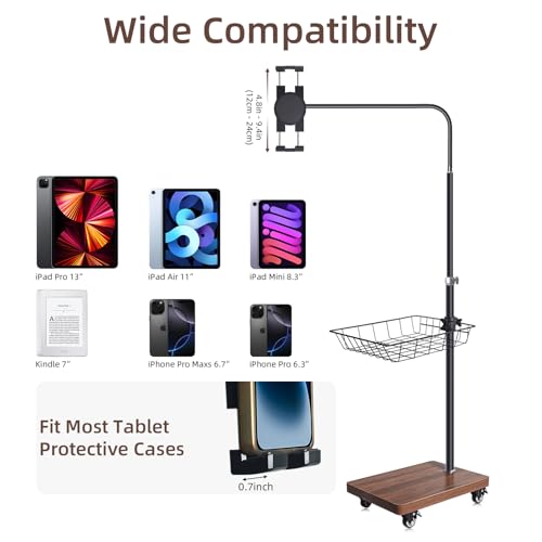 wishacc Adjustable Floor Tablet Stand with Rolling Base, Flexible Gooseneck Mount, Wood Platform, Mobile Device Holder for Indoor Use - size: 15.4 x 11 x 11 inches