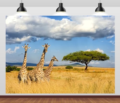 Fabric 12x10ft Kilimanjaro Giraffe Backdrop Africa Safari Landscape Photography Background Giraffe Birthday Kenya Party Decorations Photo Booth Props Wildlife Animals Zoo Theme Party Banner - size: 12x10FT