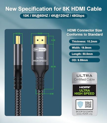 Certified 10K 8K 4K HDMI 2.1 Cable 1.5FT, 48Gbps Ultra High Speed HDMI Cord | Ethernet CEC 4K 240Hz 165Hz 144Hz 120Hz 8K 60Hz eARC Netflix HDCP2.3 HDR10+ PC Laptop RTX5090 TV Monitor Projector X-box PS5 - size: 1.64 ft