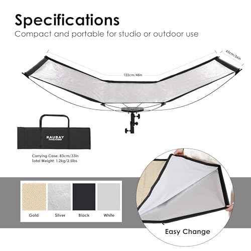 RAUBAY Quick-Open Curved Reflector, U-Shape Clamshell Light Reflector with 48in x 26in Photography Diffuser for Studio Portrait&Video Shooting, 4-in-1 Black/White/Silver/Gold, RAPIDLITE, CR-120