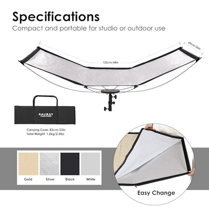 RAUBAY Quick-Open Curved Reflector, U-Shape Clamshell Light Reflector with 48in x 26in Photography Diffuser for Studio Portrait&Video Shooting, 4-in-1 Black/White/Silver/Gold, RAPIDLITE, CR-120